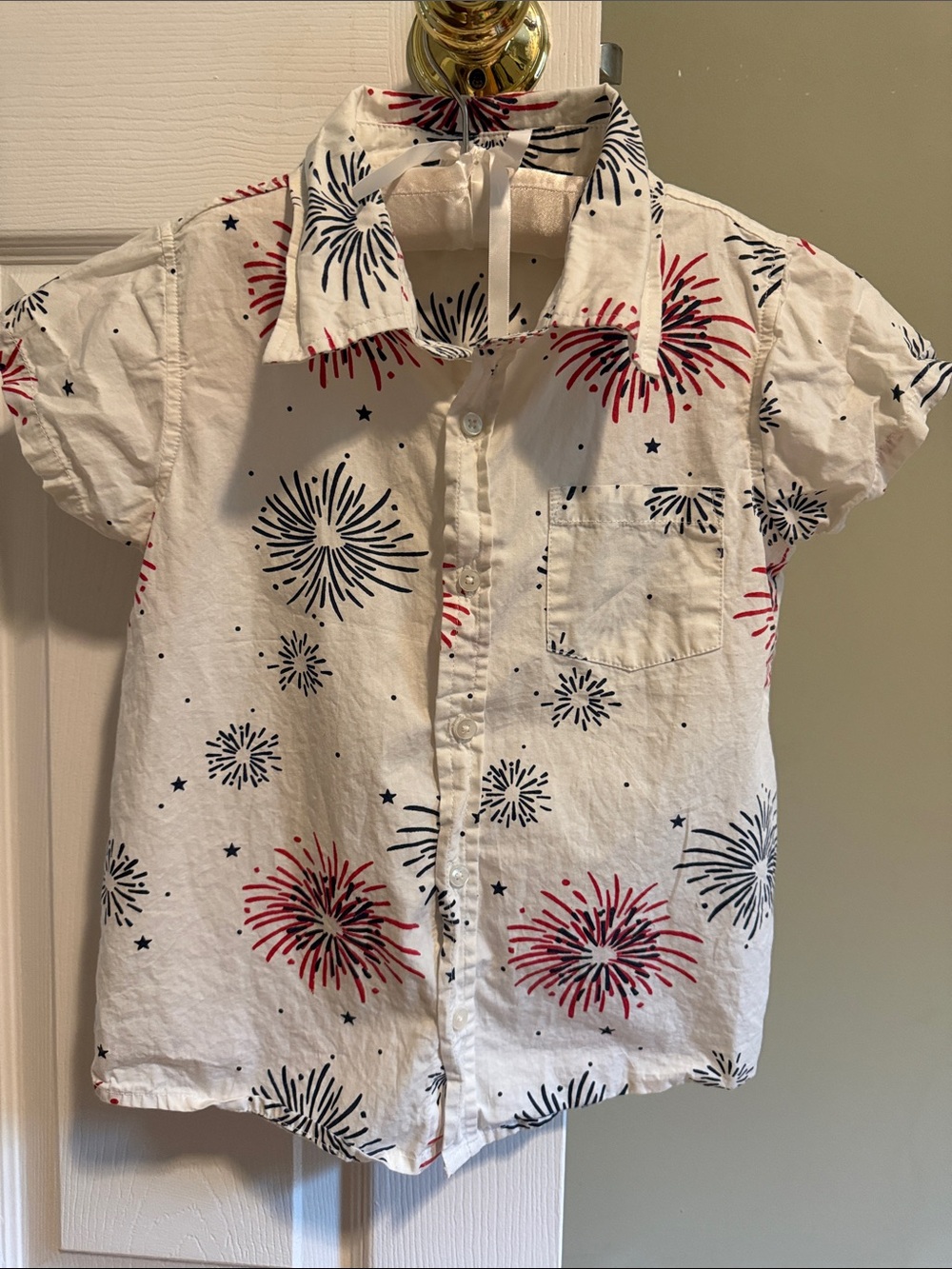 Kids' White Button-Down Shirt with Red & Navy Firework Print